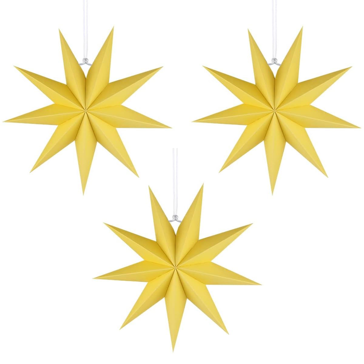 3Pcs Paper Star Lanterns 12 Inch 9-Pointed Christmas Hanging Paper Lampshade for Holiday, Weddings, Birthday Party Celebration Decor (Yellow)