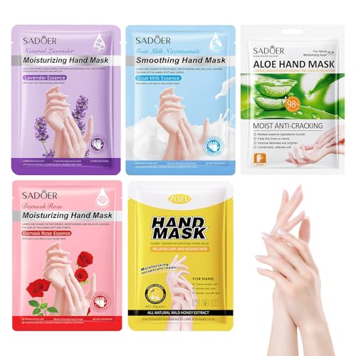 Maschera per Mani,5 Paia Maschera Mani Guanti,Miele Lavanda Rosa Latte Di Capra Aloe Guanti Idratanti,per Invecchiamento Secco e Screpolate,Riparazione Della Pelle Ruvida