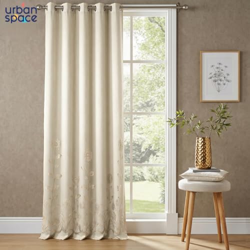 Image of Urban Space 100% True Blackout Curtains for Window, Gold Foil Printed Blackout Curtains, Blackout Decorative Window Curtain Eyelet with Tieback, 1 Piece Curtain for Living Room (Reva Beige, 5 Feet)