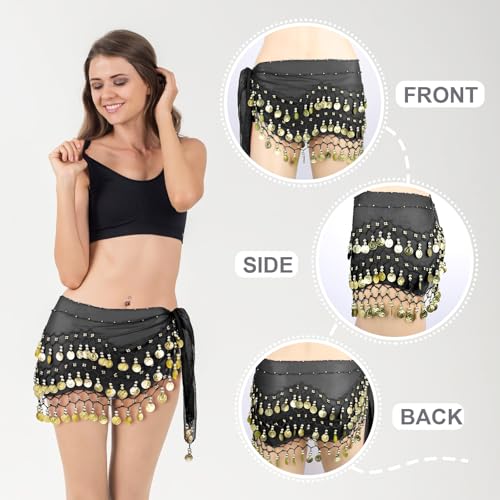 Belly Dance Hip Scarf, Women's Chiffon Belly Dancing Scarf with 128 Coins for Yoga Class4