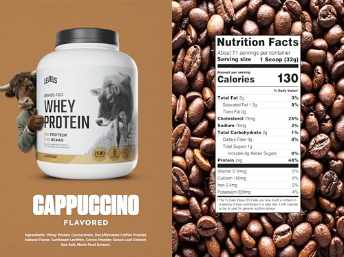 Image of Levels Grass Fed Whey Protein Powder, No Artificials, 24G of Protein, Cappuccino, 5LB