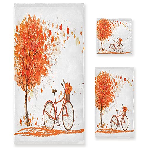 Towel Bathroom Sets, Autumn Fall Trees and Bicycle Towels 3-Piece 1 Bath Towel 1 Washcloth 1 Hand Towel, Thanksgiving Leaves Bath Towel Set of 3 Soft Multifuntion for Home Kitchen Hotel Gym Swim Spa