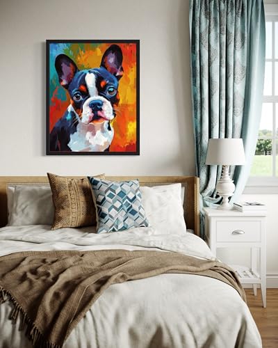 Image of Boston Terrier Colorful Abstract Black Framed Wall Art Print Poster, Dog Pet Lover Picture Painting Artwork Bedroom Living Room Office Dining Room 150D (Boston Terrier Colorful Abstract, 14 inchL x 11 inchW, Black Frame)