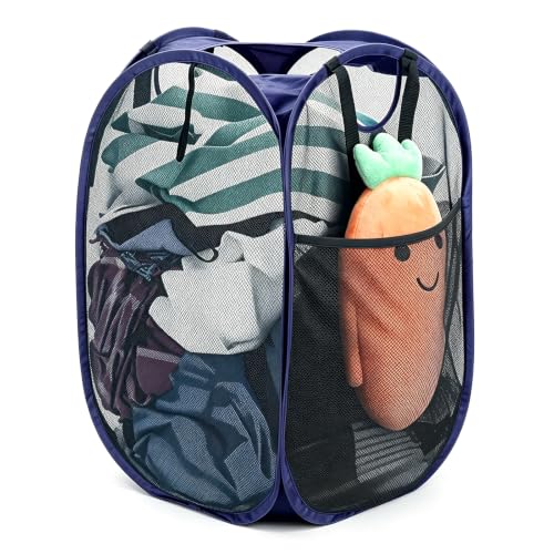 Image of HOUSE AGAIN Strong Mesh Pop Up Laundry Hamper, 70L Collapsible Laundry Basket with Steel Frame, Double‑Stitched Handles & Side Pocket, Foldable Dirty Clothes Hamper for Dorm, Bedroom, Blue