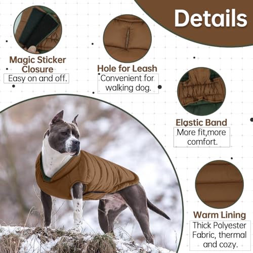 Image of Lelepet Reversible Dog Coat Windproof Dog Jacket Lightweight Puffer Vest | Winter Jacket Warm Cold Weather Coat for Medium Dogs Adjustbale Hook & Loop Pet Apparel with Leash Hole, Pug, Brown, M