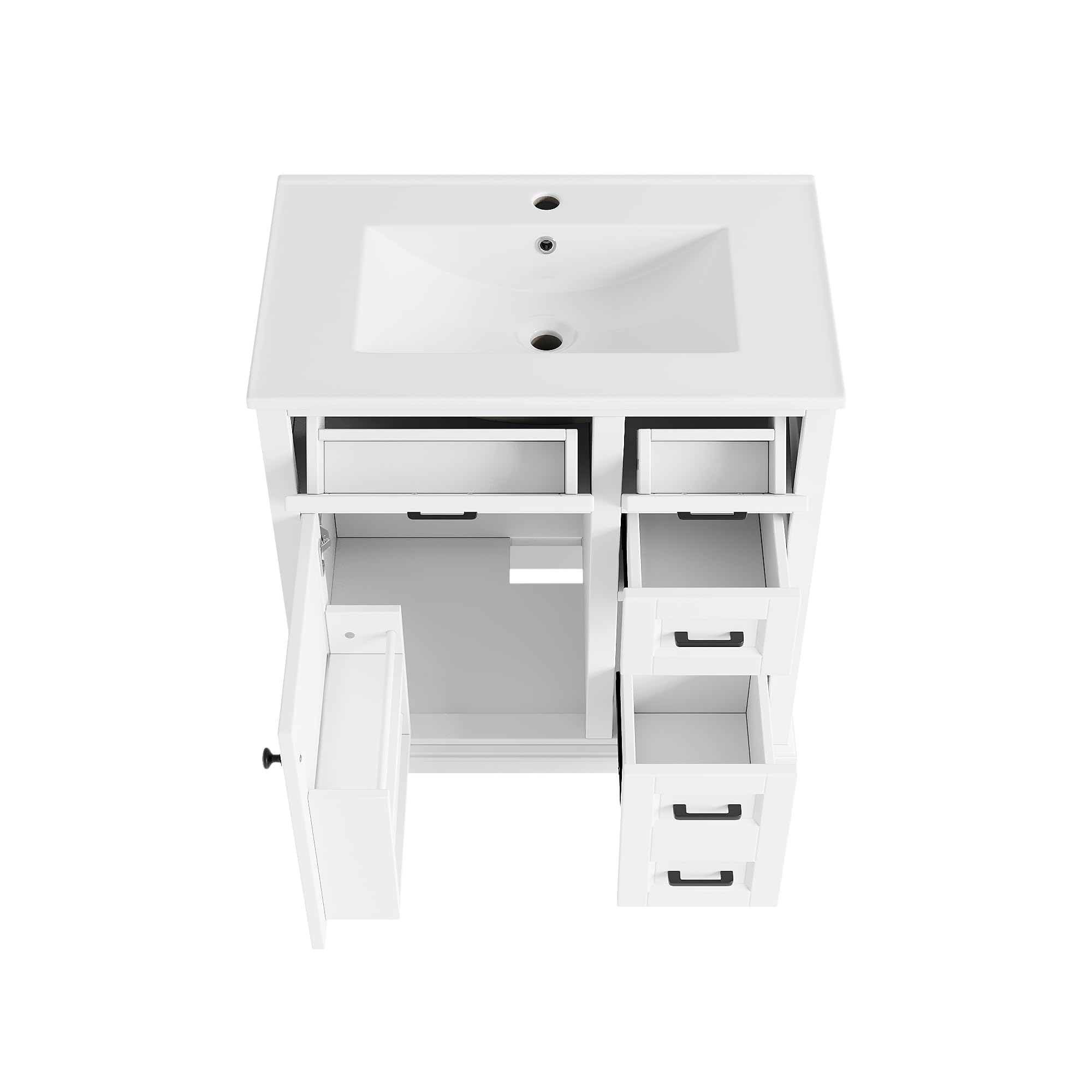 76 x 47 x 82 cm; mobiletto sottolavabo a pavimento; superficie verniciata; ante con funzione soft-close; estrazione laterale a due livelli; lavabo in ceramica integrato; mensola porta; bianco.