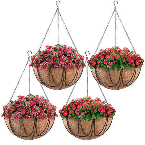 MICGEEK 4 Pack Metal Hanging Planter Basket with Coco Liner, 14 inches Metal Hanging Basket for Flower, Coco Liners for Plants, Hanging Basket for Plants, Garden, Outdoor, Indoor -HB02 (14 in)