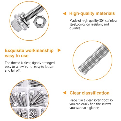 Image of VIGURE 228PCS M6 M8 Metric Bolt Assortment Kit, M6 x 12 /16 /20 /25 /30mm Stainless Steel Flanged Hex Bolts and M8 x 16 /20 /25 /30mm Flange Metric Bolts and Nuts Kit