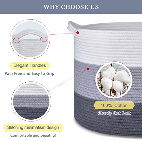 Image of Large Cotton Rope Blanket Basket, 87L Laundry Hamper, White & Gray | Collapsible Woven Nursery Hamper, Sturdy Handles for Clothes Toys Towels, Ideal for Living Room Bedroom Bathroom