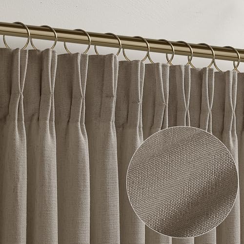 Image of Taupe Semi Sheer Pinch Pleated Linen Curtains 105 Inch Long for Living Room | Cottage, Floor To Ceiling Extra Long, Light-Filtering Privacy, Dining Room Bedroom, Burlap Textured, Hook Rings Memory Shape