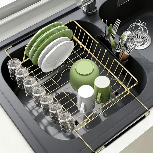 Golden Expandable Dish Drying Rack-Large Stainless Steel Dish Drainer Over The Sink for Kitchen Countertop with Utensil Holder, Applicable for Sink Width 16'-22' (Gold,23.2'*12.2')