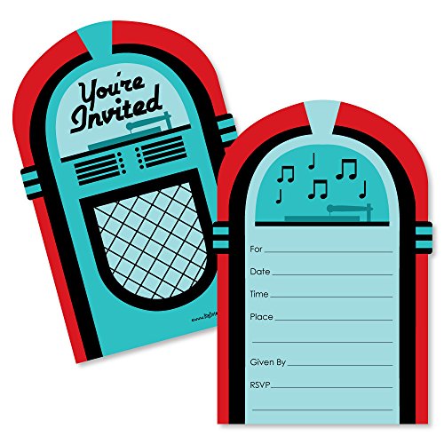 Big Dot of Happiness 50's Sock Hop - Shaped Fill-In Invitations - 1950s Rock N Roll Party Invitation Cards with Envelopes - Set of 12