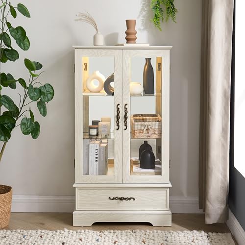 Image of 47 inch H Lighted Curio Cabinet Display Case, Glass Case with Adjustable Shelves,Tempered Glass Door and Drawer, Wooden Curio Cabinet with Mirrored Back Pane for Living Room (Antique White)