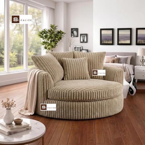 Image of SOFALIZE - Modern Barrel Accent with Pillows Round Sofa Combines Contemporary Design Oversize Arm Chair Cozy Club Chair for Bedroom, Living Room, Lounge, Hotel & Office, Hallways Sofa (Ivory)