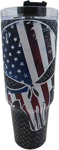 Vaso de acero inoxidable de 40 onzas con asa, placa de calavera y diamante con asa, envoltura completa! Vaso de bandera americana para policía,