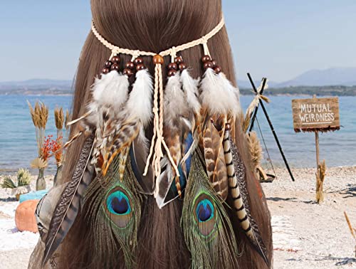 Indian Feather Headdress Peacock Hippie Headband Boho Headwear Carnival Head Pieces for Necklace Waistband Hair Accessories Masquerade Fancy Dress Party Festival (Style 7) - Image 4