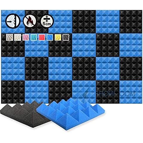Arrowzoom 24 Acoustic Panels Pyramid Sound Absorbing Treatment Tiles 25x25x5cm Recording Studio 500-8000hz Noise Cancellation Walls Dampening 26kg/m3 Foam Fire Retardant Soundproofing Black Blue 1034 Cover