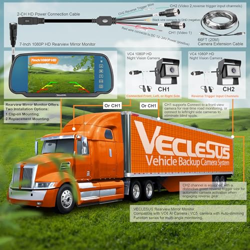 Image of Backup camere System for Truck, VECLESUS VBS 1080P 7-Inch Mirror Monitor Backup Camera System, HD IR Night Vision, Waterproof Rearview Camera,2 Video 2 Audio Inputs, for Trucks,RVs,Vans,SUVs and Cars