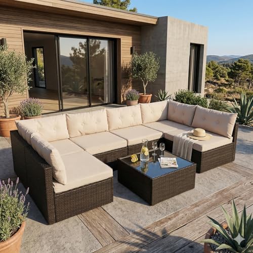 CONCEPT USINE Salon de Jardin 6 Places - Ensemble Modulable en Résine Tressée Marron avec Table Basse en Verre Trempé et 8 Coussins Beiges Déhoussables - Mobilier...