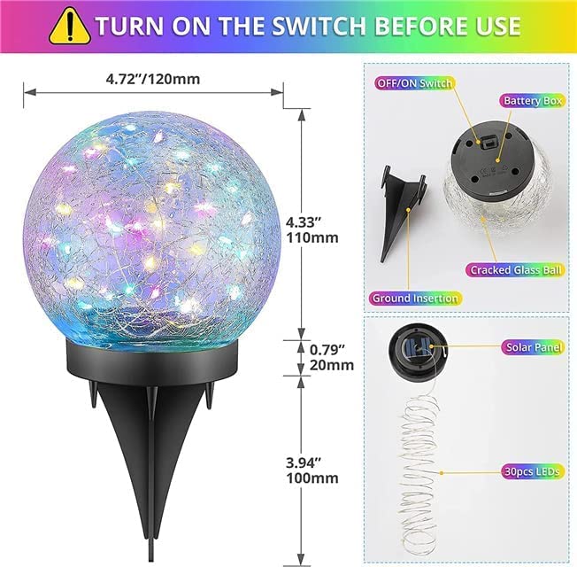 Luces De Bola De Cristal Craquelado, Lámpara De Césped Luces De Jardín Lámpara Solar Decoración Al Aire Libre Bola De Cristal Agrietada Impermeable (Multicolor (2 piezas, 12 cm))