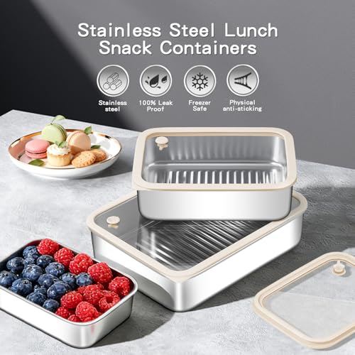 Image of GIUOIDUO 3-Piece Extra Thick 304 Stainless Steel Food Storage Containers with Non-Stick Bottom, Airtight Glass Lids & Silicone Seal, Stackable Kitchen Organization Boxes for Food Preservation