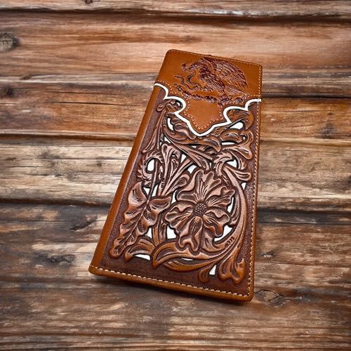 Long Leather Wallet – Embossed Mexico Golden Eagle Design with Laser Cut Floral Pattern & Tooled Leather – Charro Bifold Checkbook Wallet for Western & Cultural Gifts2