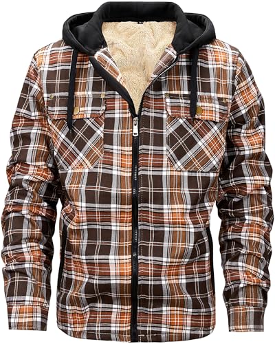 Men's Winter Cotton Plaid Shirts Jacket Warm Fleece Lined Flannel Hooded Shirt Jacket Coat for Men - Main Image