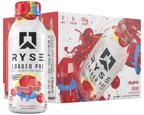 Image of RYSE Loaded Pre Workout Drink - Ring Pop Cherry - Sugar-Free, Ready to Drink Energy Supplement with 325mg Caffeine, Citrulline & Beta Alanine for Focus & Pump - 12 fl oz Bottles (Pack of 12)