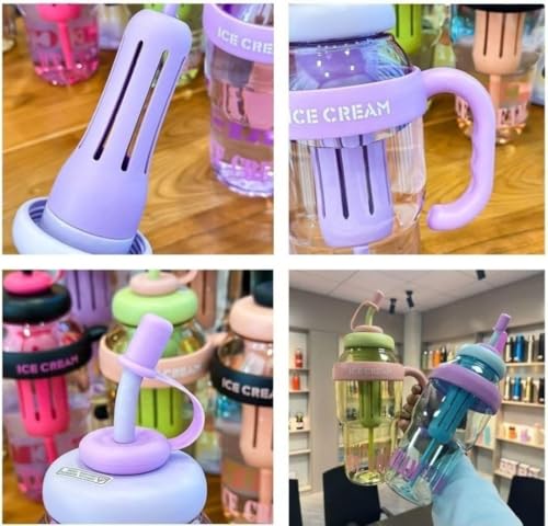 Image of 1300ml Large Capacity Insulated Transparent Tumbler Bottle with Straw & Handle, Leakproof Detox, Green Tea, Milkshake, Beverages, Juice & Cold Drinks | Gym, Travel, Office & Fitness (PURPLE)