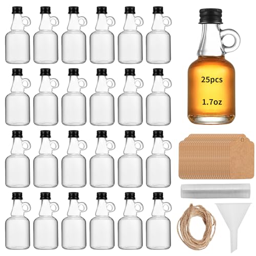 eispap 25 Pcs 1.7 OZ Single ear Mini Glass Liquor Bottles with Lids Small Glass Wine Bottles Reusable Empty Alcohol Bottles with Aluminum Black Screw Cap