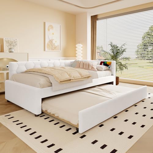 Luxeza Cama diurna, sofá cama, cama con somier, con lámpara de noche, con cama nido multifuncional, material cómodo, imitación de vellón (sin colchón) (blanco, 90 x 200 cm)