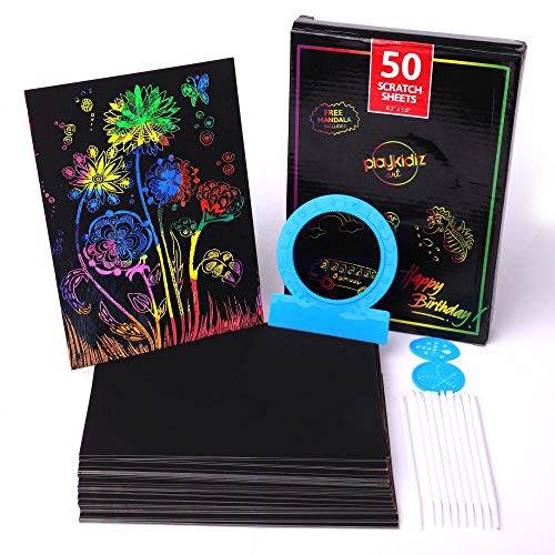 Playkidiz Art Scratch Color Art Color Art Feuilles, 50 Feuilles Arc-en-Ciel, 10 pochoirs et 3 Mandalas, Images et Art sans Encre. 8.3 "x 5,8" Cover