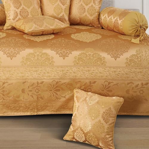 Image of Victor Premium Poly Cotton 8-Piece Diwan Set | 1 Bedcover, 2 Bolsters & 5 Cushion Covers | Soft, Durable & Washable | Elegant Mustard Diwan Set for Bedroom, Living Room & Sofa | Ideal Wedding Gift