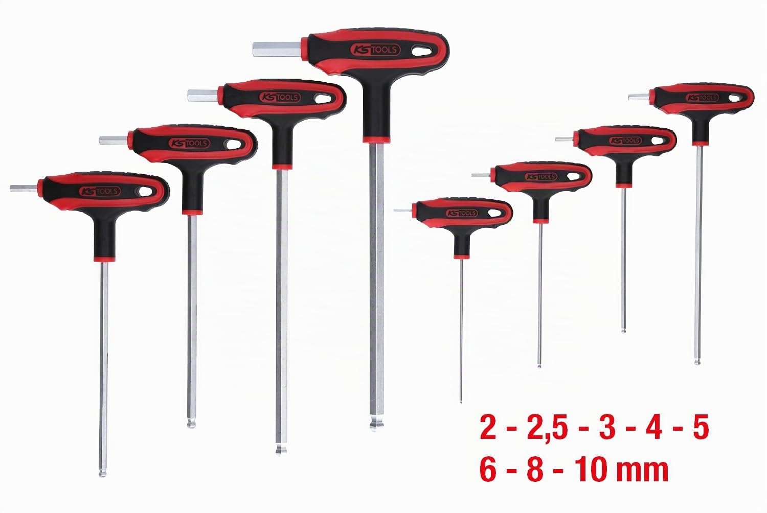 KS Tools 151.8155 ERGOTORQUEplus Jeu de clés hexagonales à six pans creux | Jeu de clés mâles 6 pans à tête sphérique poignée en T, 8 pcs, précision de serrage, chrome vanadium