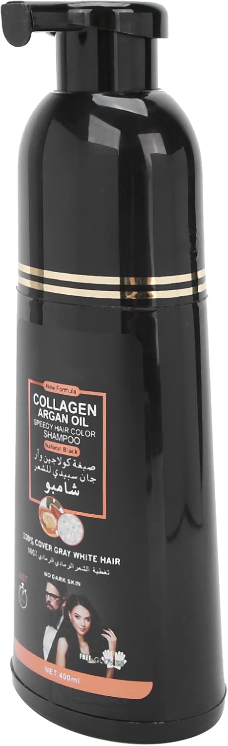 Zwarte haarkleurshampoo, zwarte haarkleurstof shampoo voor grijs haar, collageen arganolie haarverf shampoo kleurshampoo voor het afdekken van grijs wit haar (400 ml)