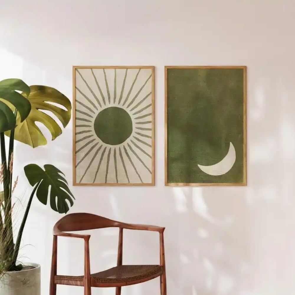 Hurcp Sage Green Set Of 2 Wall Art Abstract Olive Green Sun And Moon Prints,Day And Night Art Canvas Painting,A3 (30X42cm)