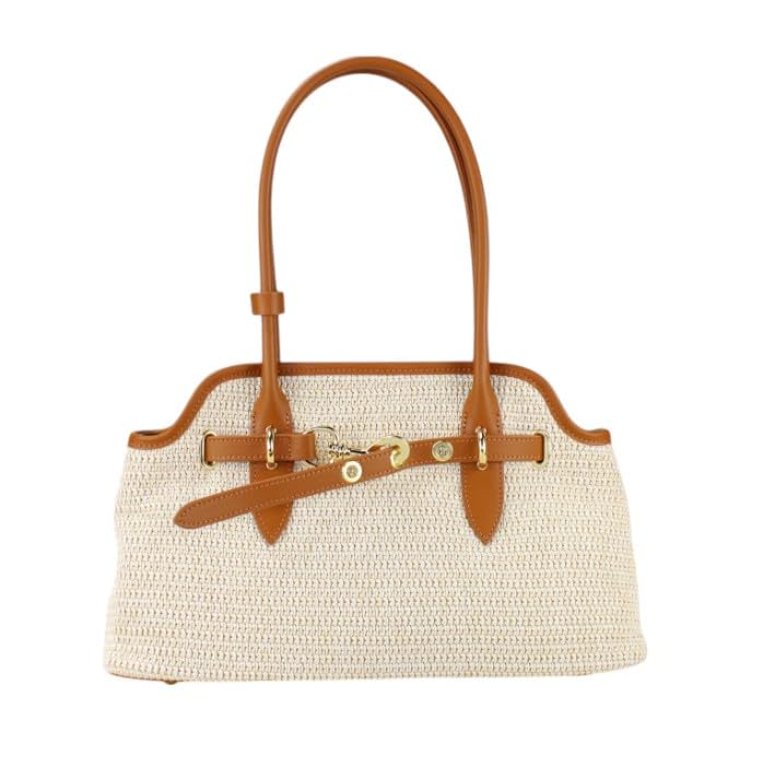 Donna Borsa a Spalla in vera Pelle e Rafia Modello RODI 38x20x11 Made in Italy