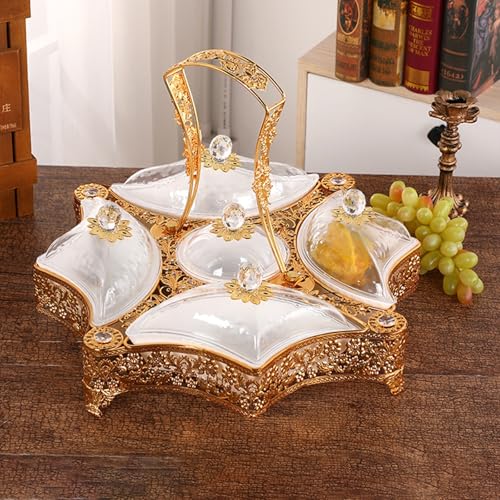 Plato de caramelo de nueces, bandeja de frutas, plato de postre de 5 rejillas, cuenco de frutas secas con tapa, plato de dulces para aperitivos, adorno para la sala de estar en casa comedor