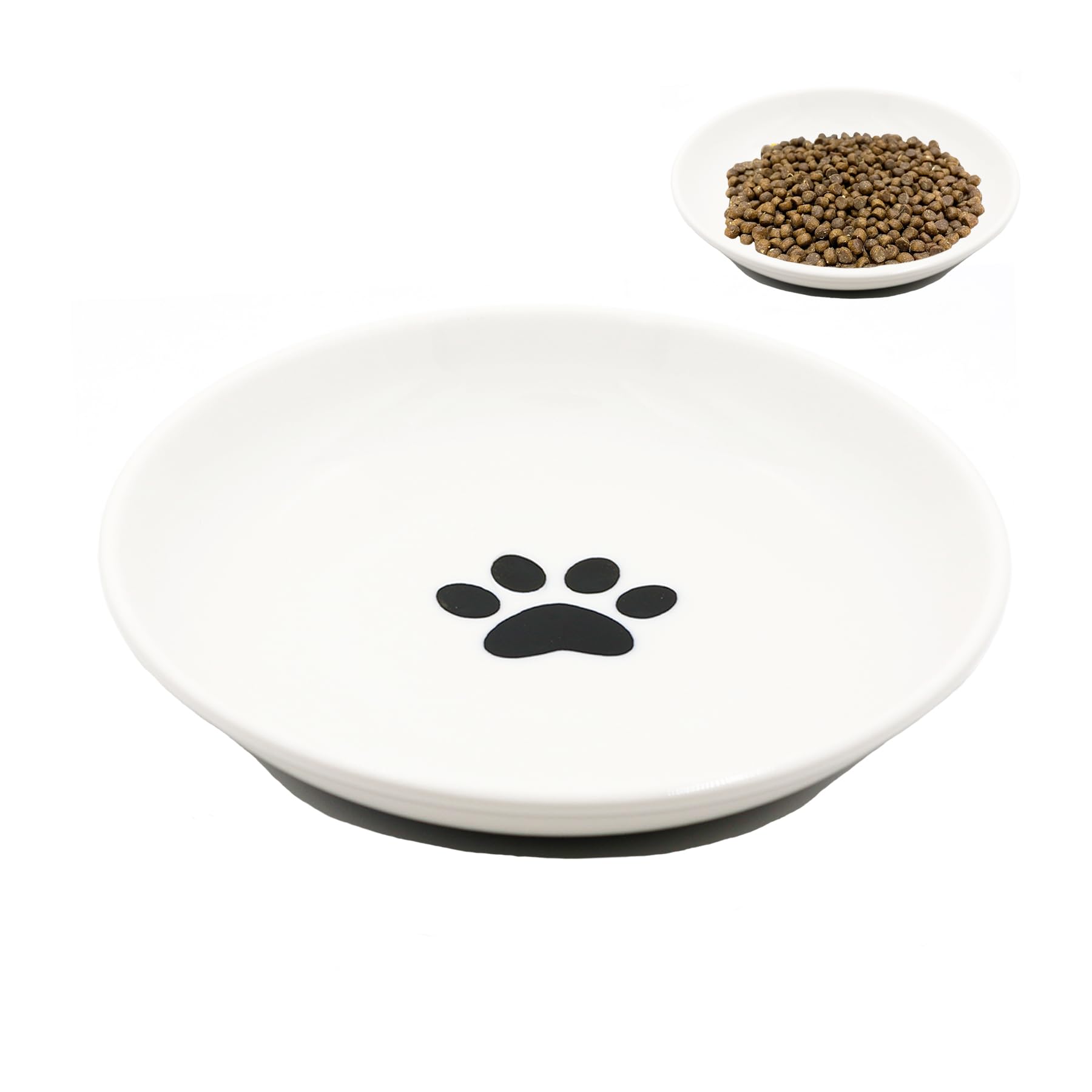 Cuenco plano de cerámica para gatos, con base de silicona antideslizante, comedero elevado, cuenco para gatos (patrón de huellas de gato)