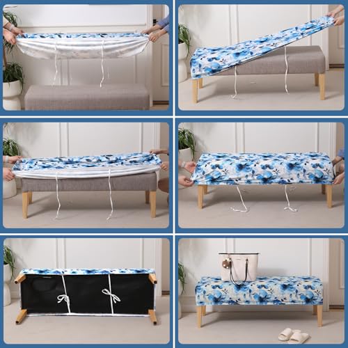Image of HOKIPO Premium Printed Velvet Elastic Dining Bench Cover, Blue Azure Botanical (AR-5798-D8)