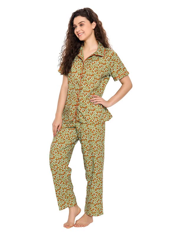 Image of Clovia Women's Rayon Heart Print Button Down Shirt & Pyjama Set in Green