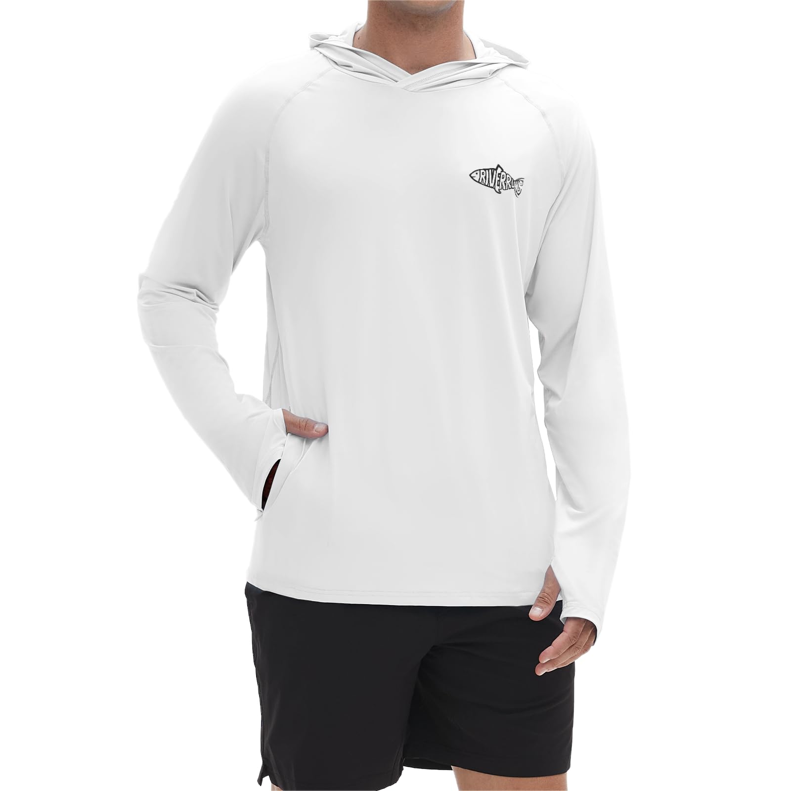 RiverrunsUPF 50+ Men's Sun Protection Hoodie, Cooling Quick Dry Hooded Shirt Rash Guards Long Sleeve with Zippered Pockets