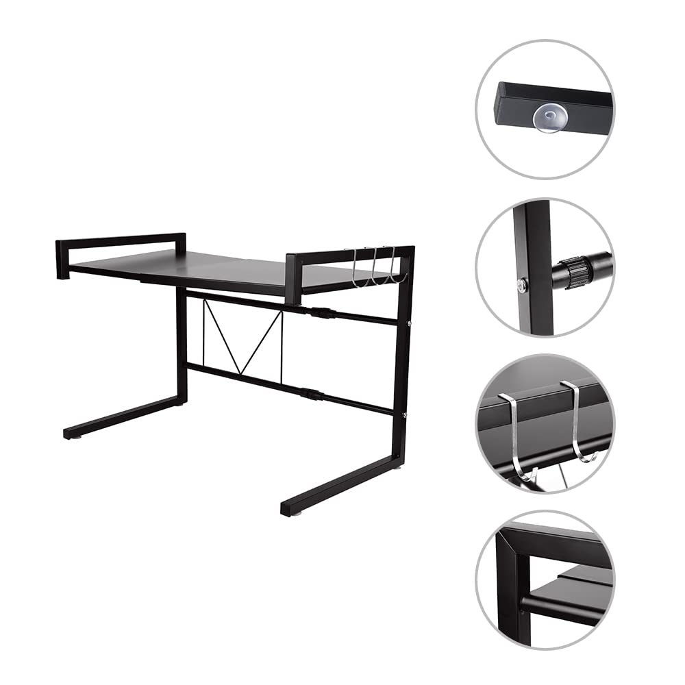 Supfine Étagère pour micro-ondes, extensible à 2 niveaux avec 3 crochets, étagère peu encombrante et organiseur, longueur extensible : 40 à 65 cm (noir)