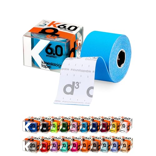 d3 K6.0 Kinesiology Tape - 2in x 20ft Electric Blue (1 Roll) Latex-Free Hypoallergenic Joint Muscle Sports Medical Injury Support