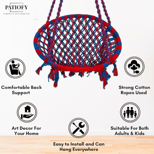 Image of Patiofy Cotton Round Swing Chair for Adults and Kids /Swing for Home, Balcony /Jhula for Adults /Jhoola for Living Room /Suitable for Indoor & Outdoor /with Hanging Kit (Red-Blue)