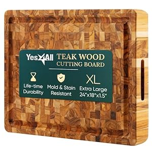 Yes4All Durable Teak Cutting Boards for Kitchen, [24”Lx18”Wx1.5” Thick] Extra Large End Grain Cutting Board, Pre Oiled Wood Cutting Boards, Thick Chopping Board w/Juice Grooves and Easy Grip Handle
