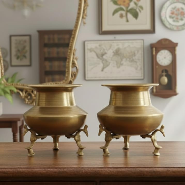 Vintage Pure Brass Lota on Peacock Legs - Set of 2 | Antique Peetal Unique Shape Water Pot | Traditional Decorative Collectible Item for Home, Pooja & Gift - 4 x 5 Inch-image-13