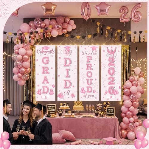Image of Panelee 4 Pcs Pink Graduation Party Decorations 2026 Congrats Grad Porch Banners Class of 2026 Hanging Banner Backdrop for Classroom School Doorway Indoor Outdoor Wall Hanging Decor