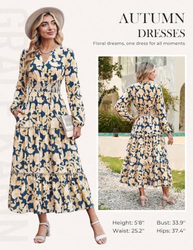 Image of GRACE KARIN Women's Floral Maxi Dress 2026 Fall Long Sleeve V Neck Empire Waist A Line Flowy Dress with Pocket