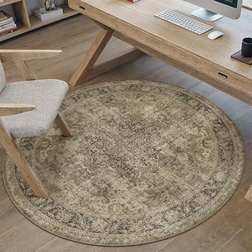 3x3 Washable Round Rug Brown Vintage Entryway Non Slip Low Pile Traditional Circle Area Rug Retro Distressed Soft Small Thin Accent Throw Rug for Entrance Bathroom Dining Room